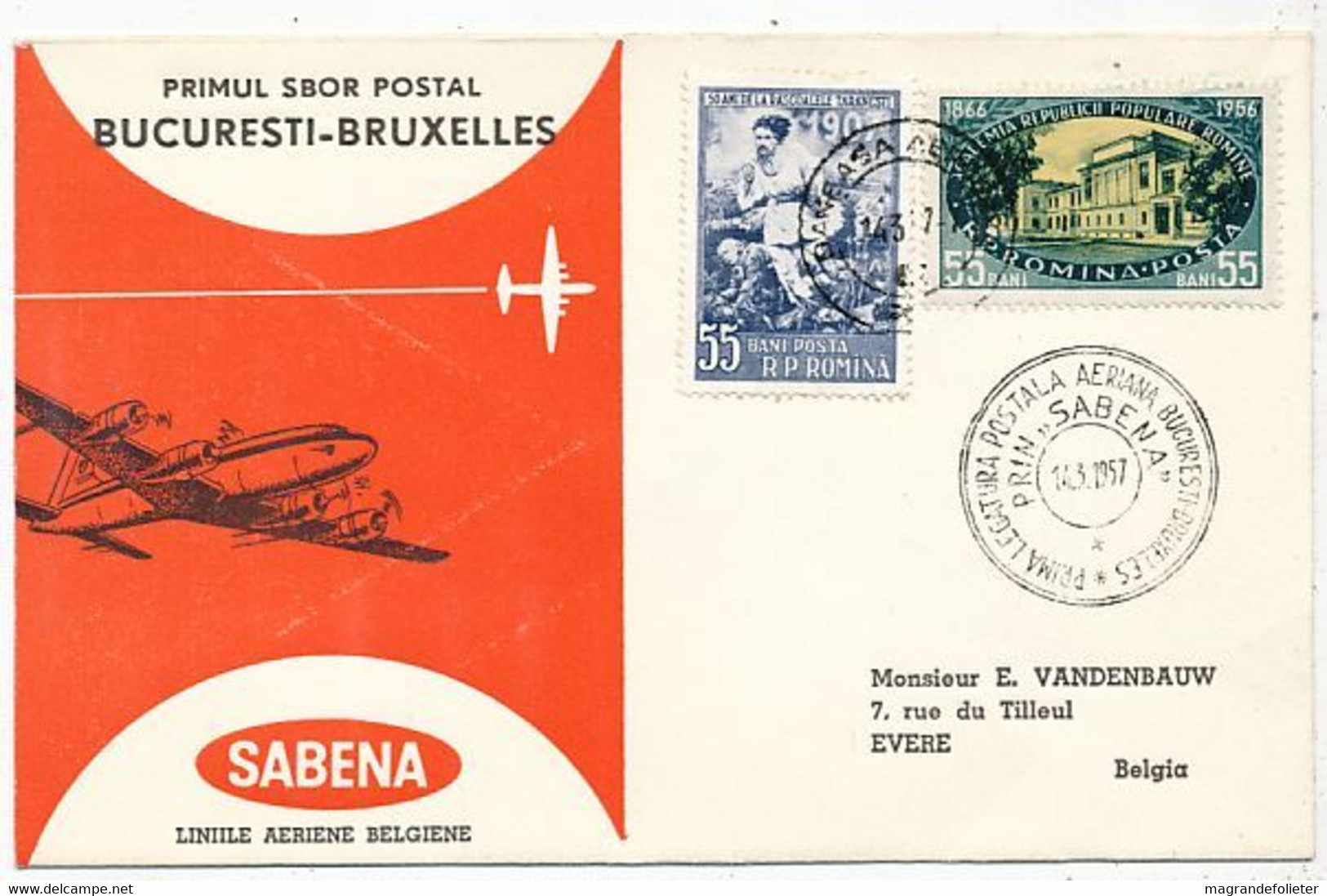 AVION AVIATION SABENA FDC PREMIER VOL BUCURESTI-BRUXELLES 1957 - Brevetti Di Volo