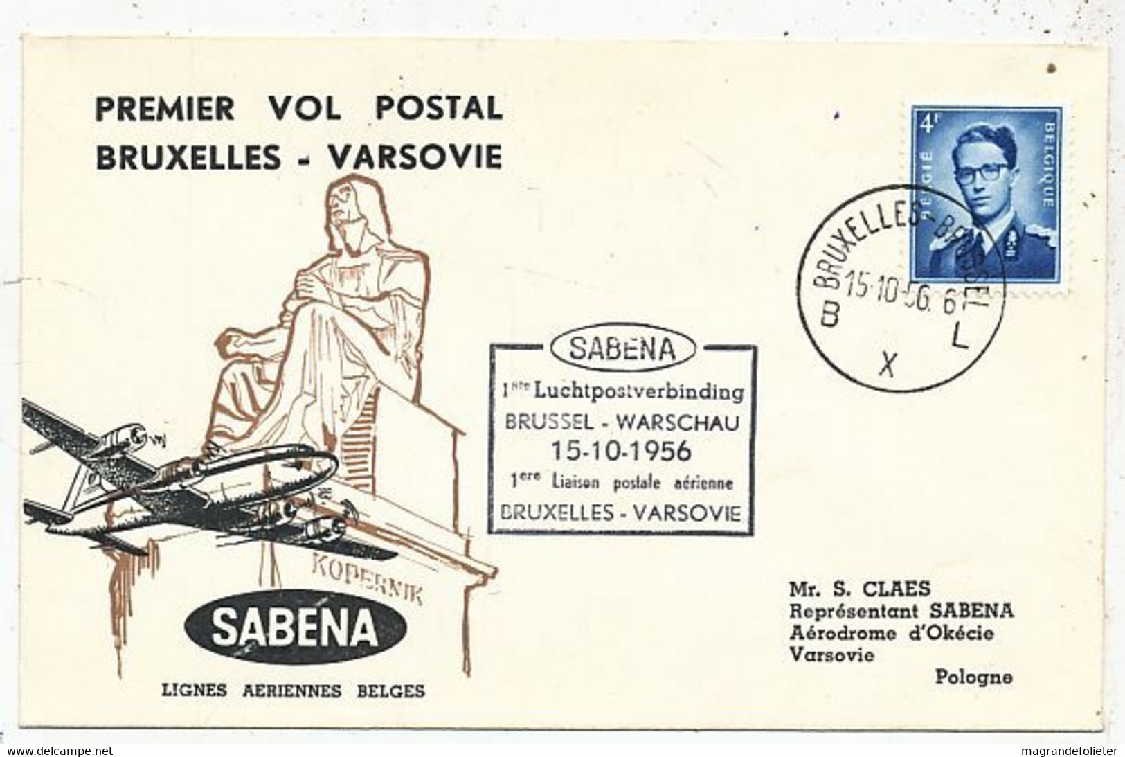 AVION AVIATION AIRWAYS SABENA FDC PREMIER VOL POSTAL BRUXELLES - VARSOVIE 1956 - Zertifikate