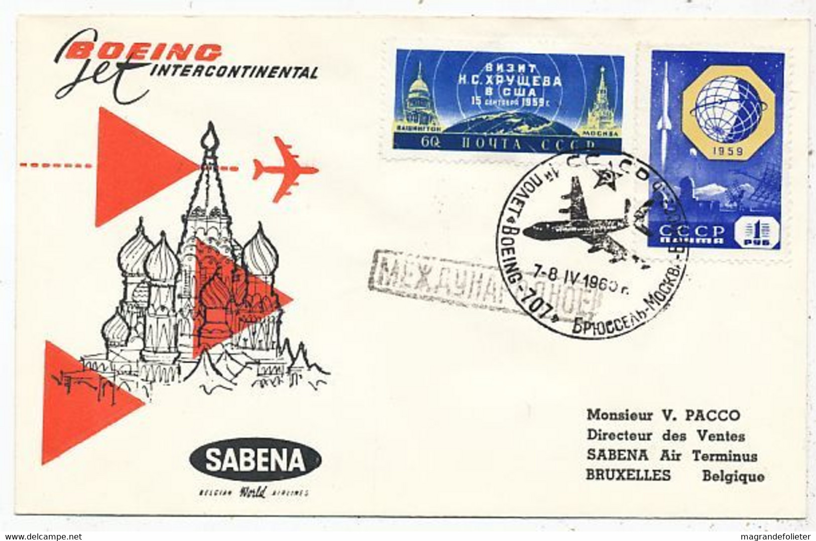 AVION AVIATION AIRWAYS SABENA FDC PREMIER VOL BOEING MOSCOU-BRUXELLES 1960 - Certificados De Vuelo