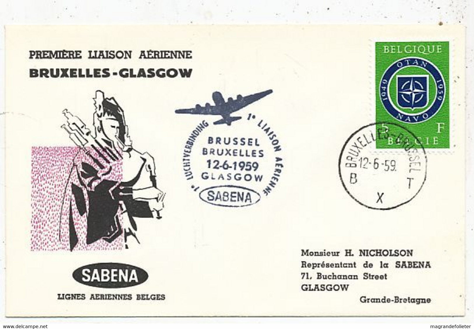 AVION AVIATION AIRWAYS SABENA FDC PREMIER VOL BRUXELLES-GLASGOW 1959 - Zertifikate