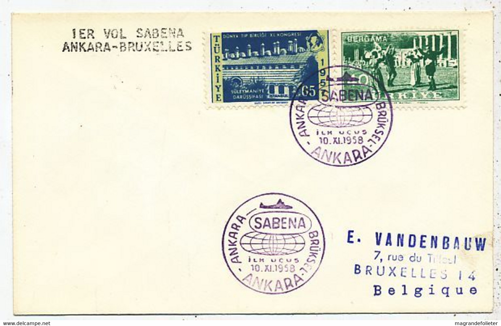 AVION AVIATION AIRWAYS SABENA FDC PREMIER VOL ANKARA-BRUXELLES 1958 - Zertifikate