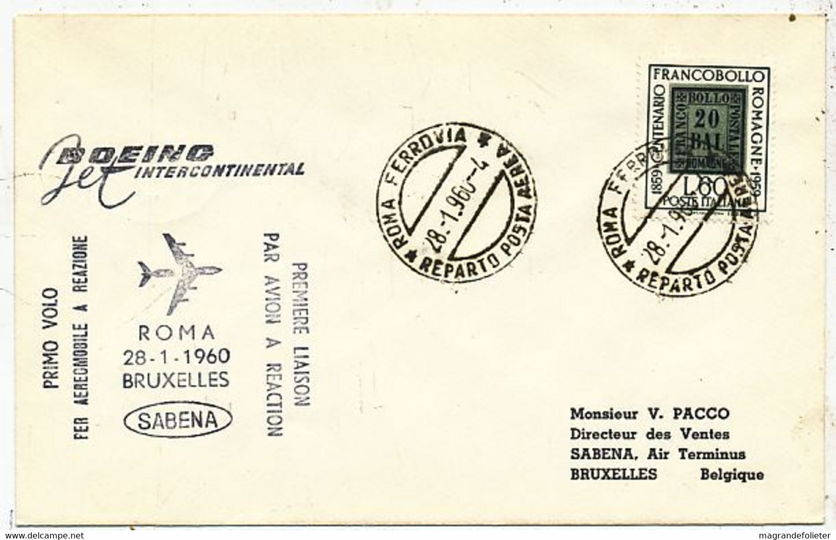 AVION AVIATION AIRWAYS SABENA FDC PREMIER VOL BOEING ROMA-BRUXELLES 1960 - Vliegvergunningen