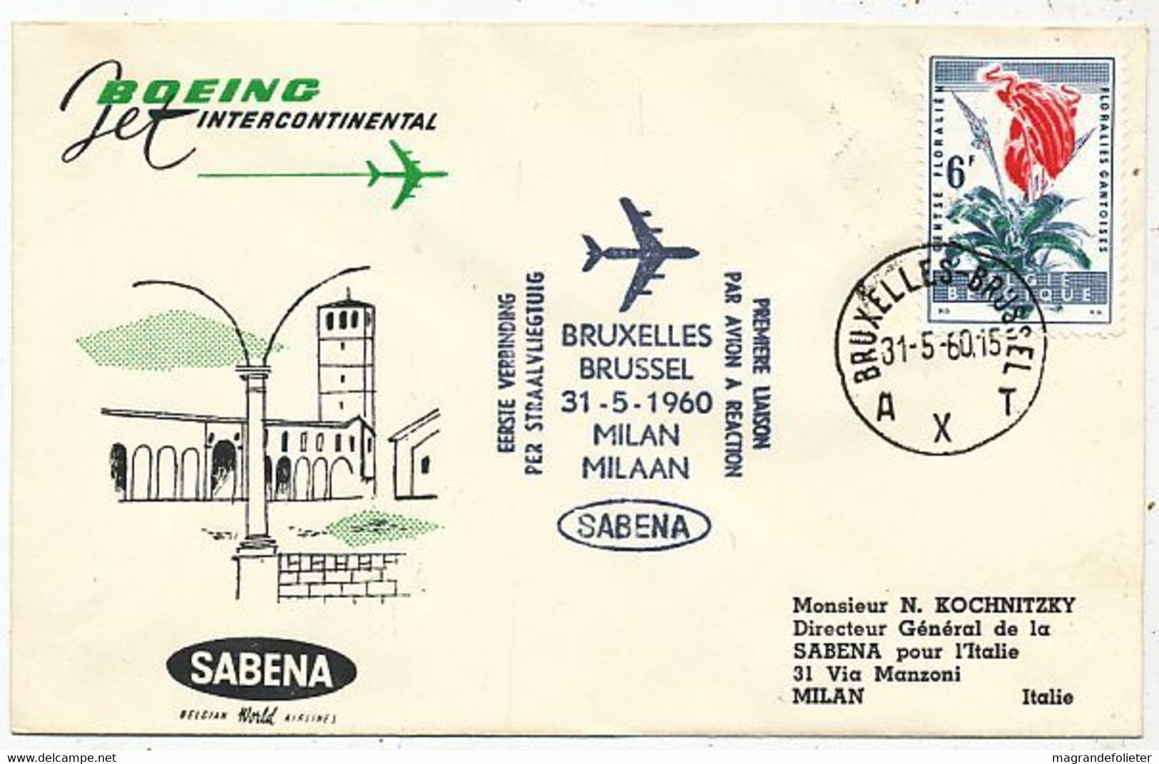 AVION AVIATION AIRWAYS SABENA FDC PREMIER VOL BOEING BRUXELLES-MILAN 1960 - Flight Certificates