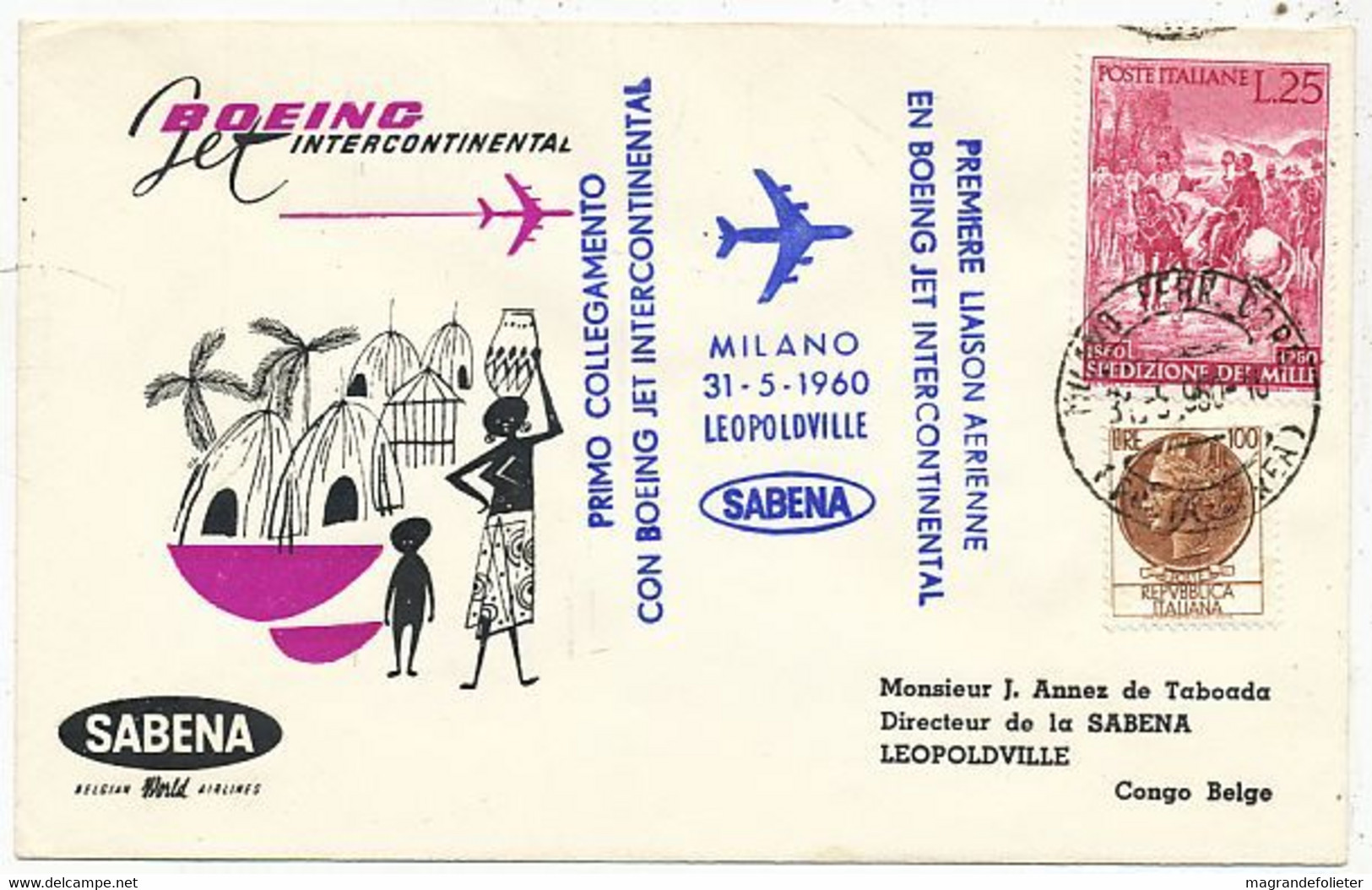 AVION AVIATION AIRWAYS SABENA FDC PREMIER VOL BOEING MILANO-LEOPOLDVILLE 1960 - Certificados De Vuelo