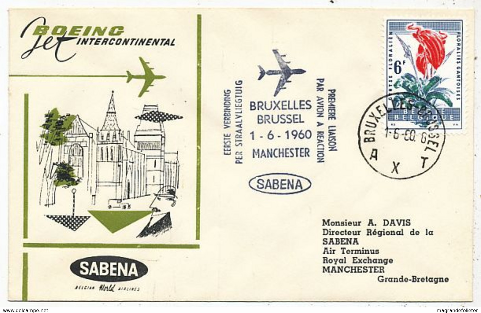 AVION AVIATION AIRWAYS SABENA FDC PREMIER VOL BOEING BRUXELLES-MANCHESTER 1960 - Certificados De Vuelo