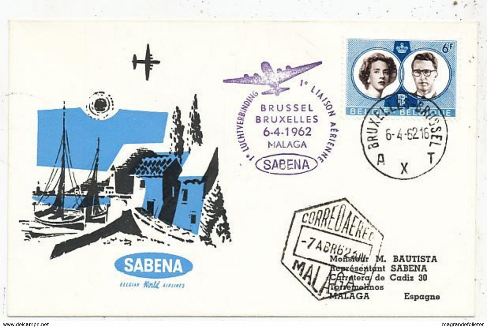 AVION AVIATION AIRWAYS SABENA FDC PREMIER VOL BRUXELLES-MALAGA 1962 - Certificados De Vuelo