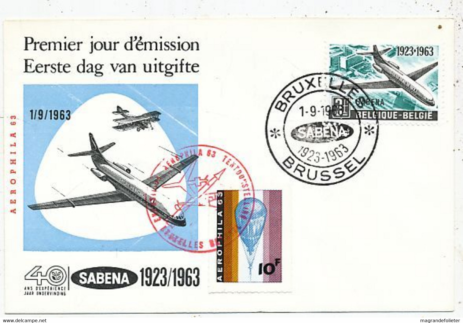 AVION AVIATION AIRWAYS SABENA FDC 40 AN D' EXPERIENCE 1923-1963 - Certificats De Vol