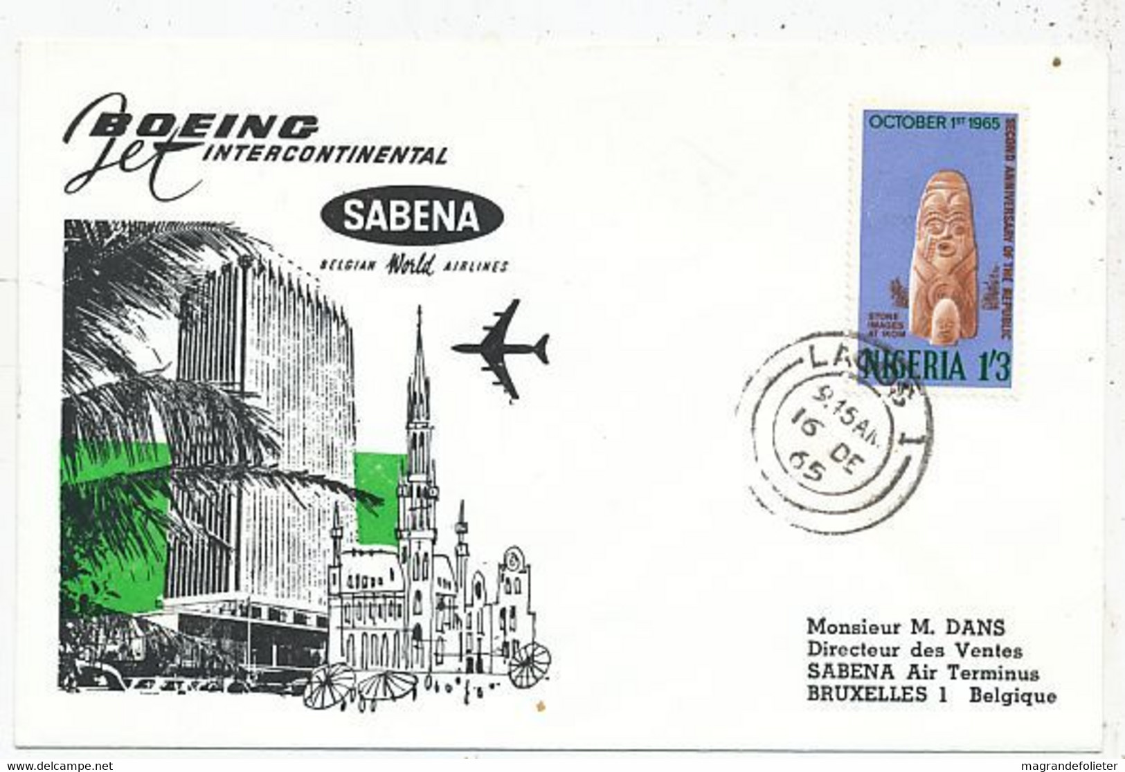 AVION AVIATION AIRWAYS SABENA FDC  1er VOL BOEING LAGOS-BRUXELLES 1965 - Vliegvergunningen