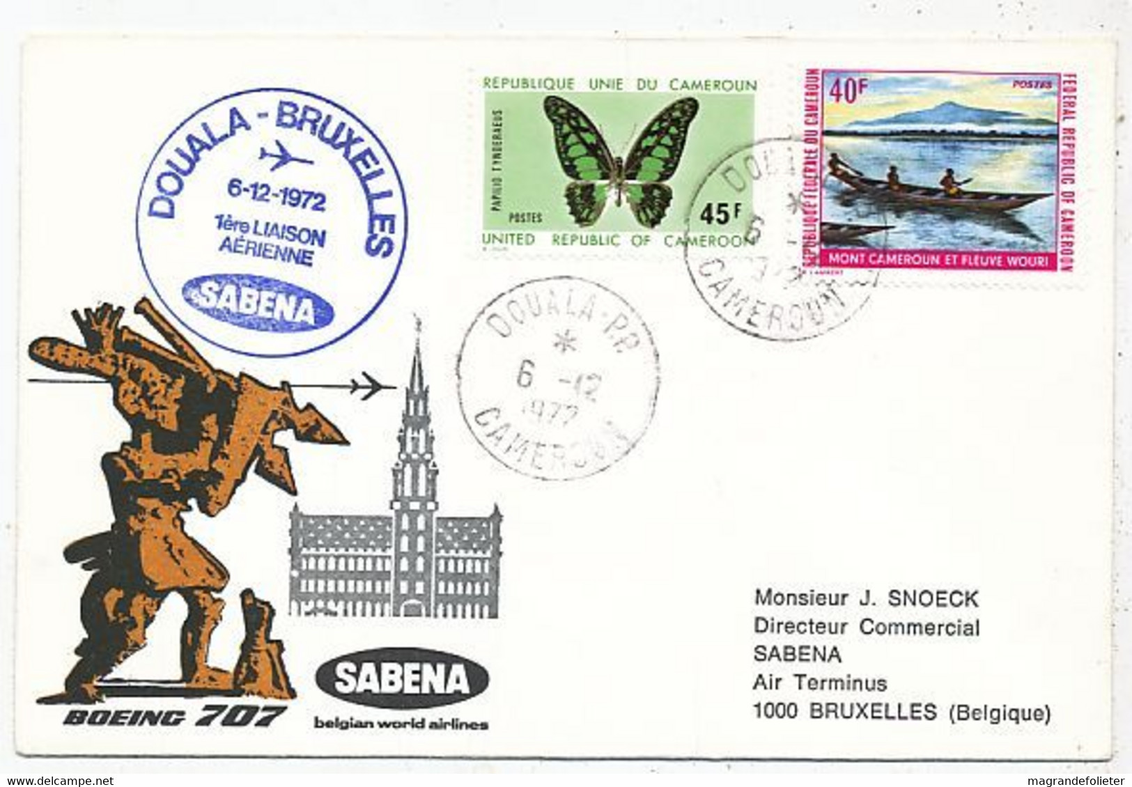 AVION AVIATION AIRWAYS SABENA FDC  1er VOL BOEING 707 DOUALA-BRUXELLES 1972 - Flight Certificates