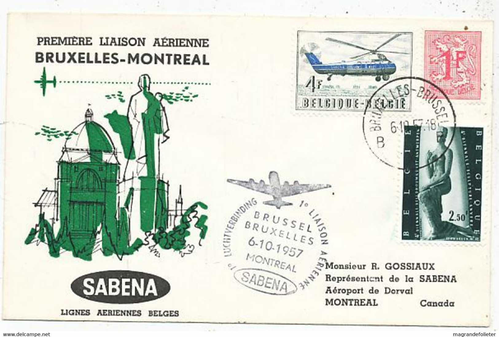 AVION AVIATION AIRWAYS SABENA FDC  1er LIAISON AERIENNE BUXELLES-MONTREAL 1957 - Certificados De Vuelo