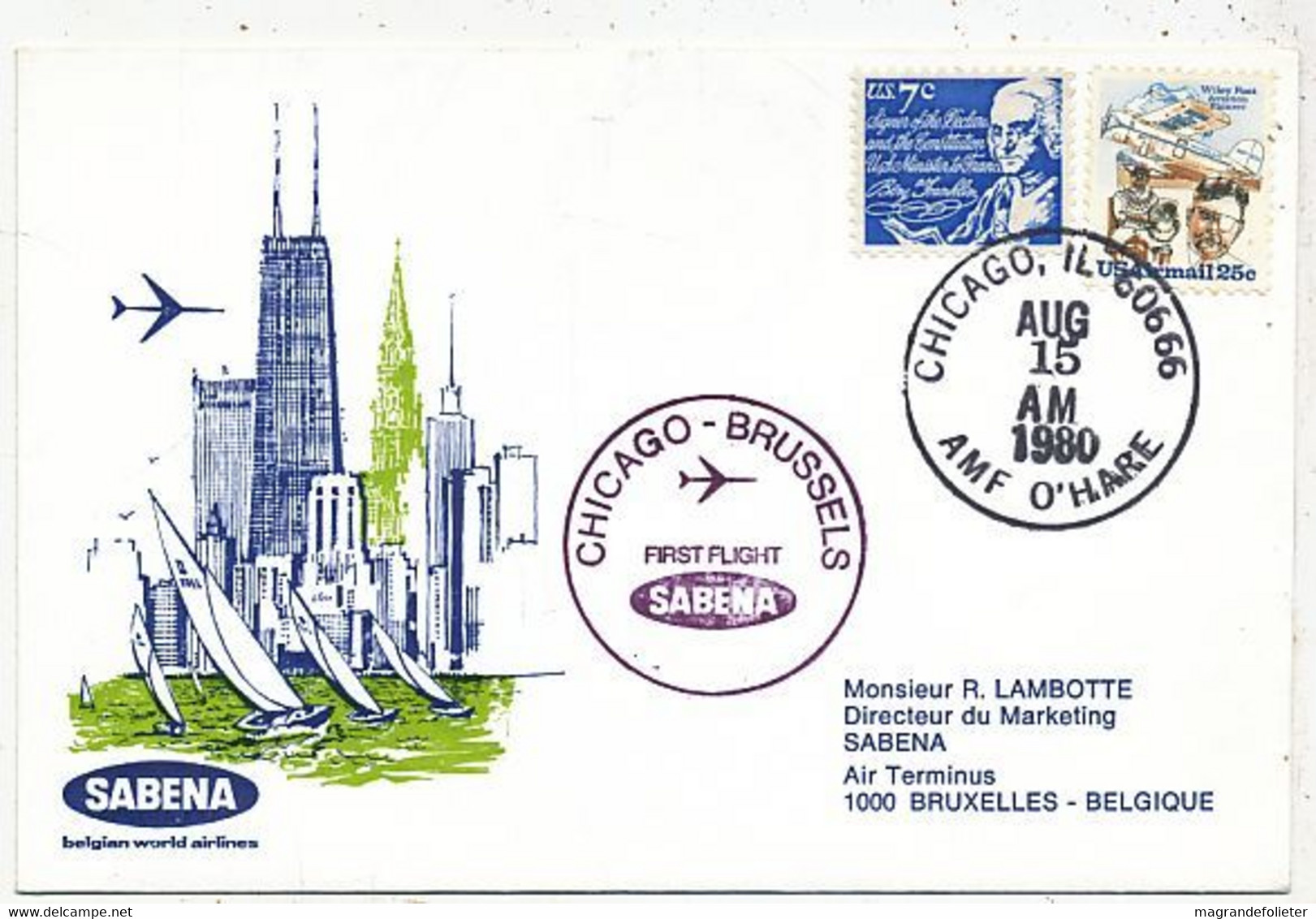 AVION AVIATION AIRWAYS SABENA FDC  1er LIAISON AERIENNE CHICAGO-BUXELLES 1980 - Certificats De Vol