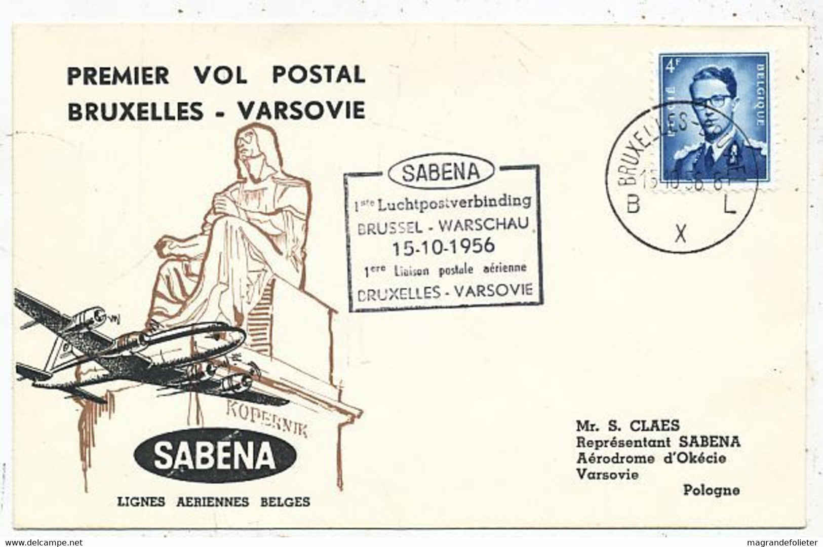 AVION AVIATION AIRWAYS SABENA FDC  1er LIAISON AERIENNE POSTALE BUXELLES-VARSOVIE  1956 - Certificados De Vuelo