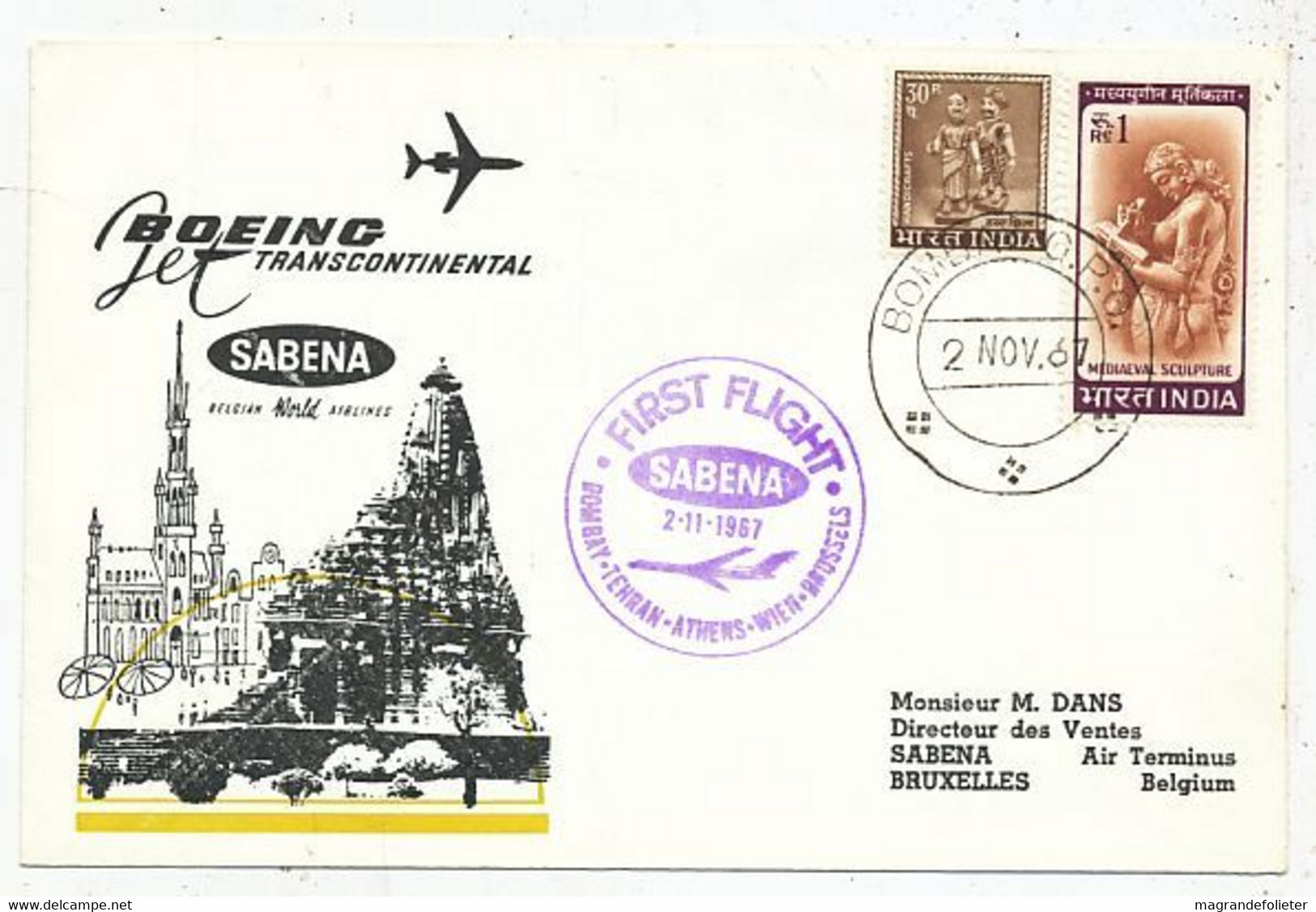 AVION AVIATION AIRWAYS SABENA FDC  1er LIAISON AERIENNE BOEING BOMBAY-TEHERAN-ATHENES-WIEN-BUXELLES 1967 - Certificats De Vol