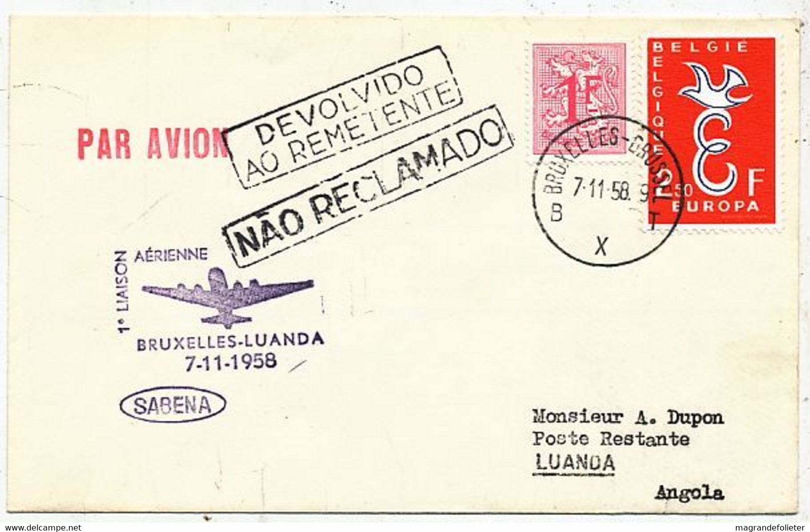 AVION AVIATION AIRWAYS SABENA FDC  1ere LIAISON AERIENNE BRUXELLES-LUANDA 1958 - Certificats De Vol