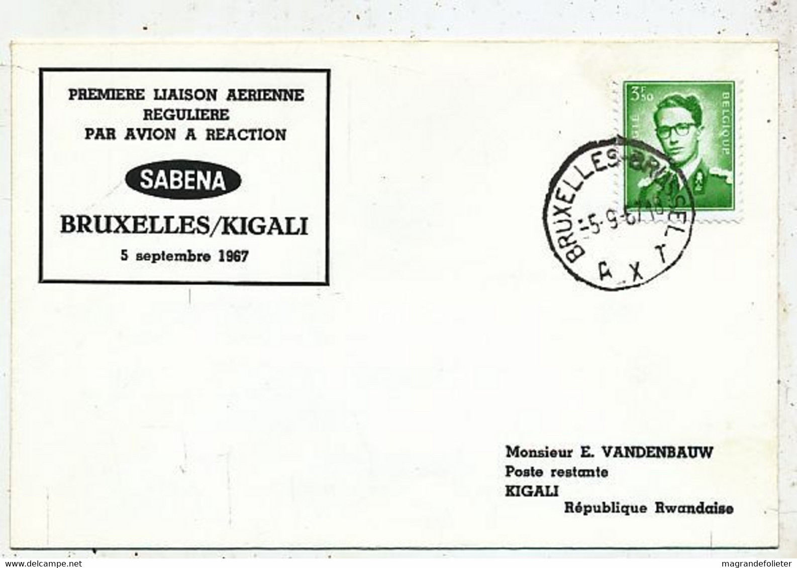 AVION AVIATION AIRWAYS SABENA FDC  1ere LIAISON AERIENNE BRUXELLES-KIGALI 1967 - Flight Certificates