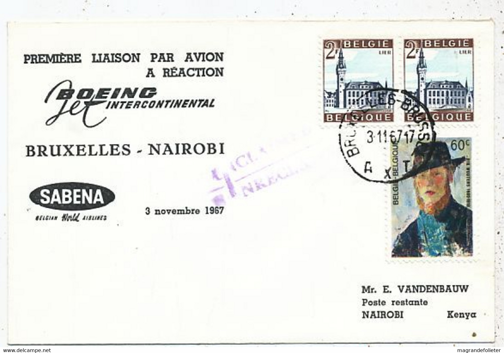 AVION AVIATION AIRWAYS SABENA FDC  1ere LIAISON AERIENNE BOEING BRUXELLES-NAIROBI 1967 - Certificados De Vuelo