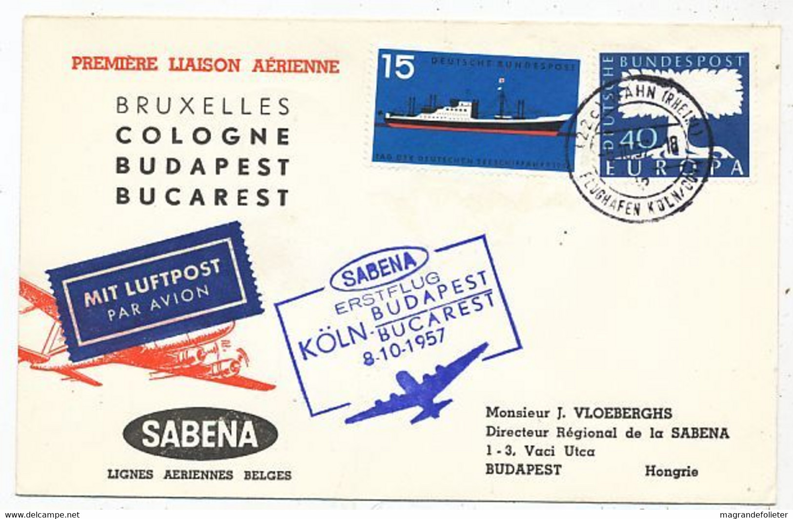 AVION AVIATION AIRWAYS SABENA FDC  1ere LIAISON AERIENNE BRUXELLES-COLOGNE-BUDAPEST-BUCAREST 1957 - Zertifikate