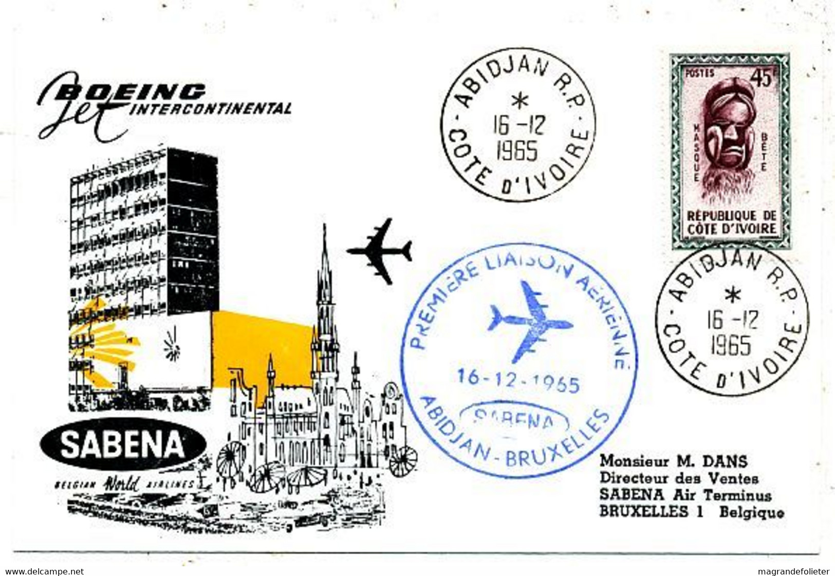 AVION AVIATION AIRWAYS SABENA FDC  1ere LIAISON AERIENNE BOEING ABIDJAN-BRUXELLES 1965 - Vliegvergunningen