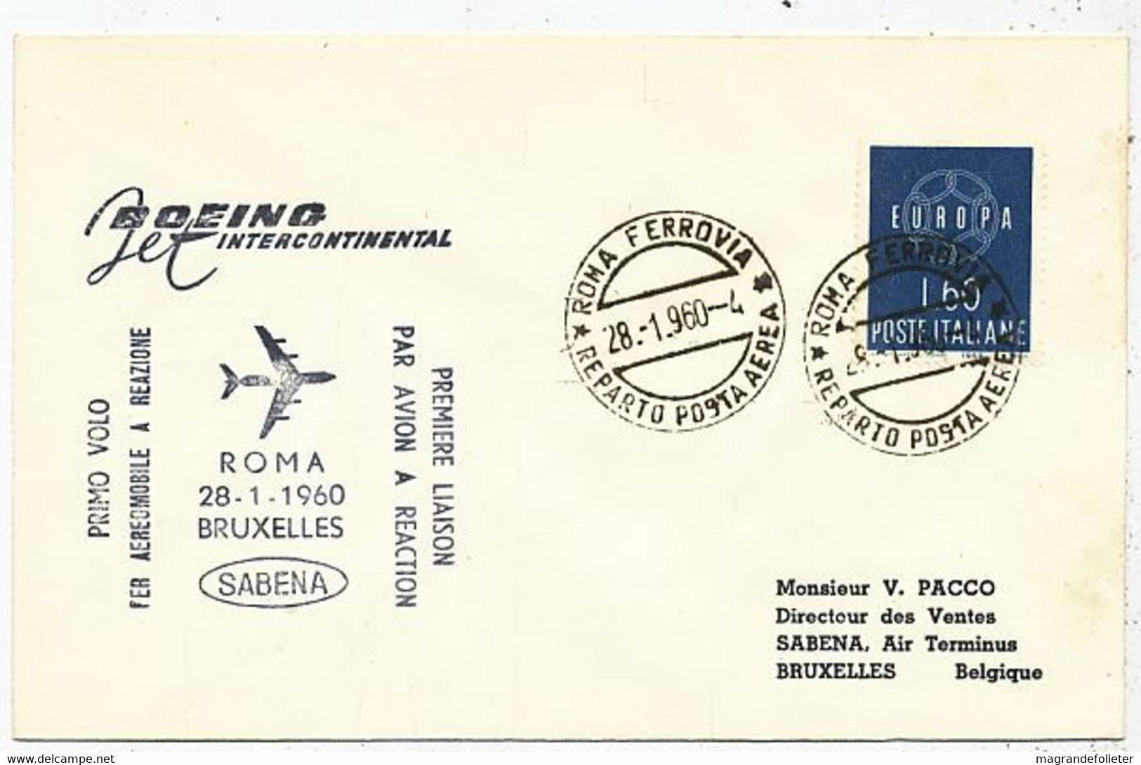 AVION AVIATION AIRWAYS SABENA FDC  1ere LIAISON AERIENNE BOEING ROMA-BRUXELLES 1960 - Flight Certificates