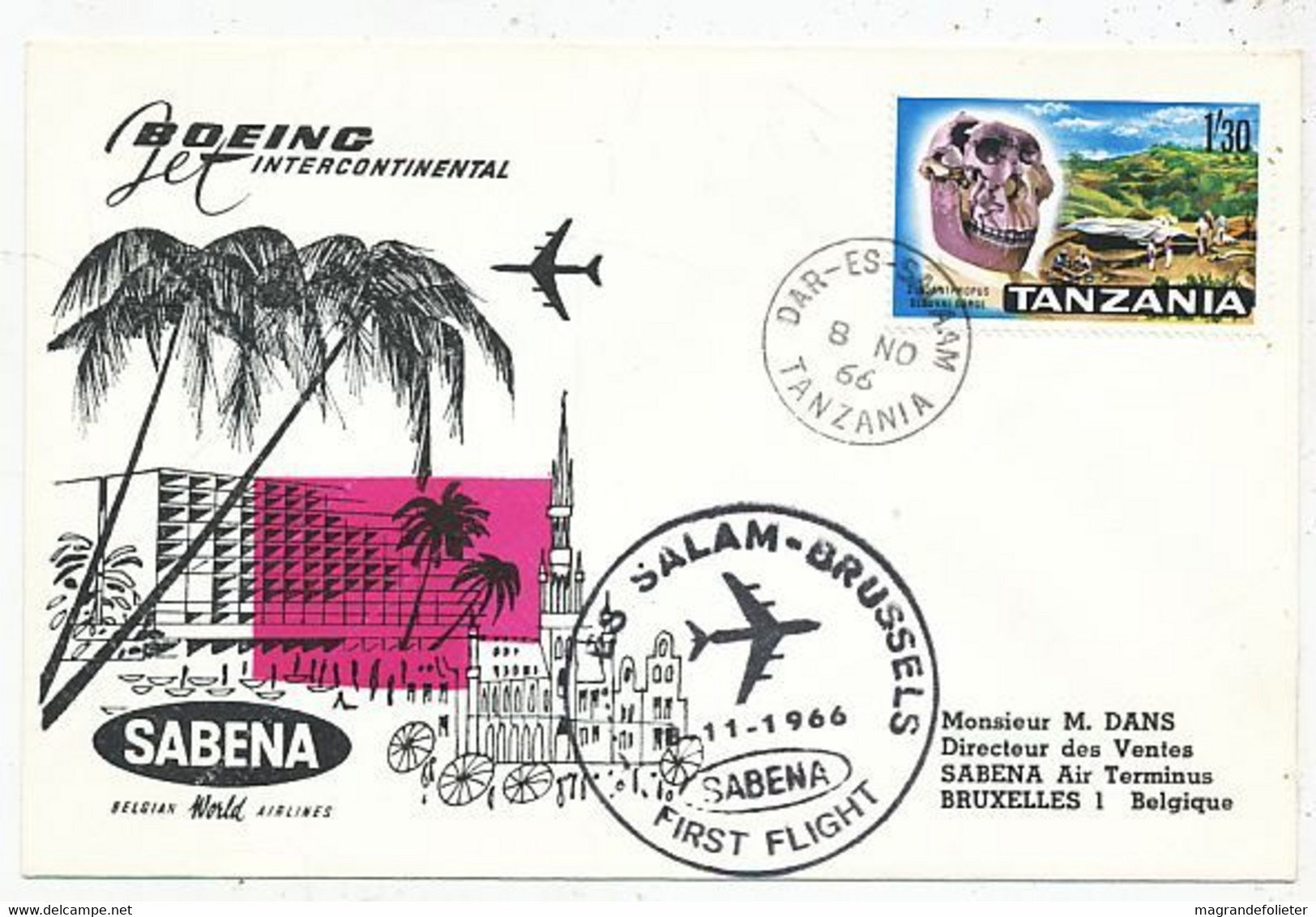 AVION AVIATION AIRWAYS SABENA FDC  1ere LIAISON AERIENNE BOEING DAR-ES-SALAM-BRUXELLES 1966 - Certificados De Vuelo