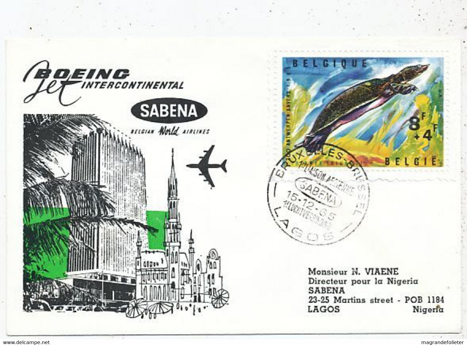 AVION AVIATION AIRWAYS SABENA FDC  1ere LIAISON AERIENNE BOEING BRUXELLES-LAGOS 1965 - Flight Certificates