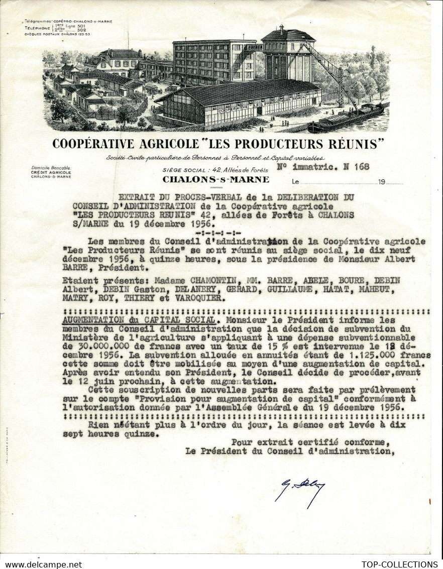 1956 ENTETE COOPERATIVE AGRICOLE LES PRODUCTEURS REUNIS Chalons Sur Marne Albert Barre Président  CONSEIL ADMINISTRATION - 1950 - ...