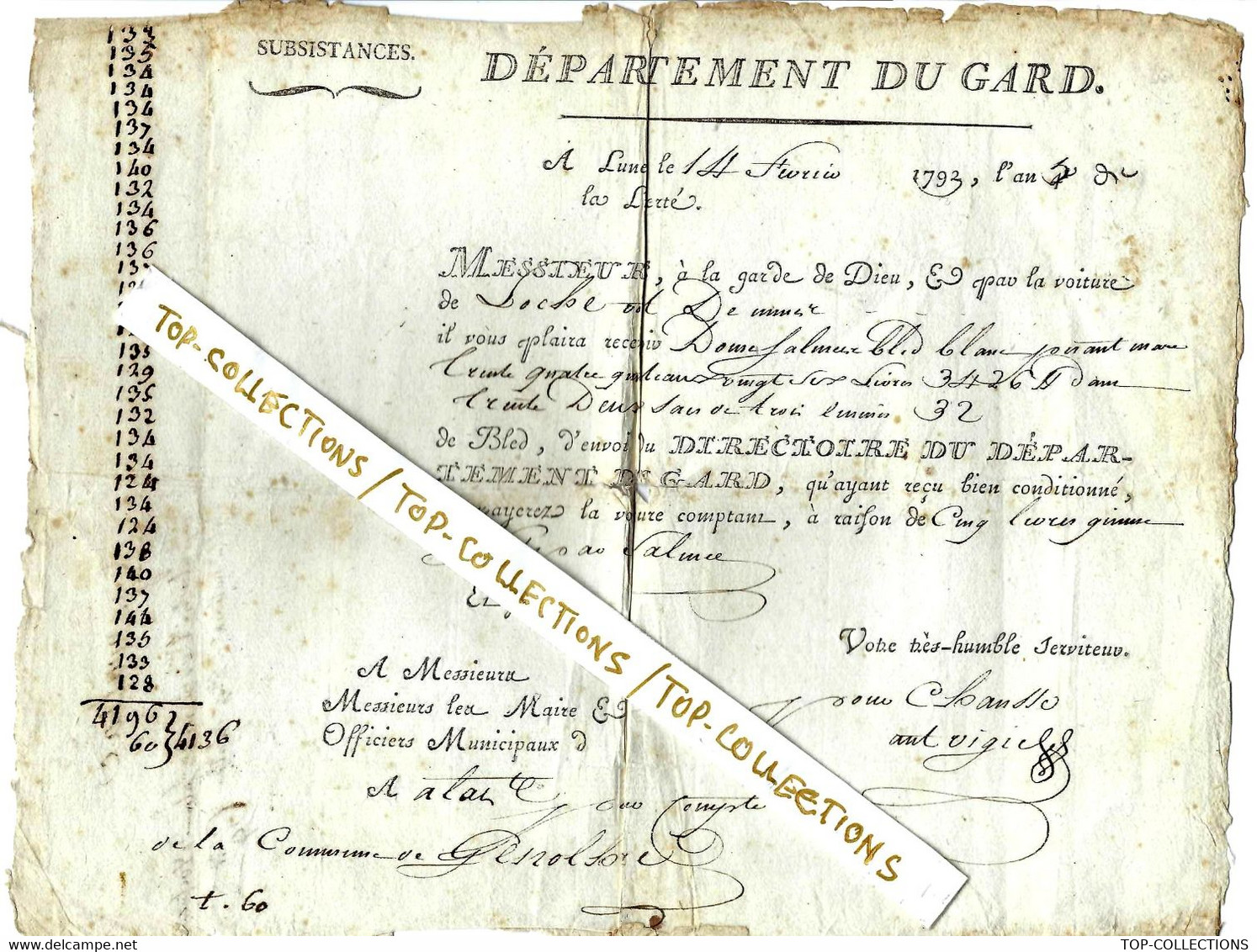 REVOLUTION 1793  De Lunel Gard LETTRE DE VOITURE ROULAGE TRANSPORT SUBISTANCES DEPARTEMENT DU GARD  TRANSPORT  BLE BLANC - ... - 1799