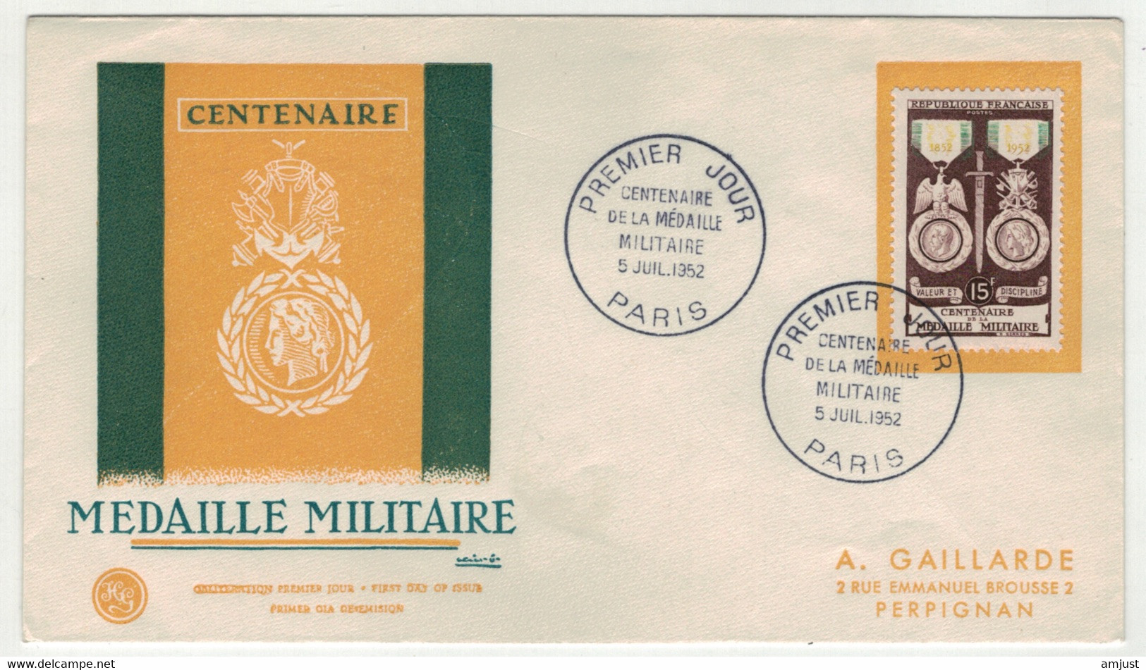 France // FDC // 1950-1959 // Lettre 1er Jour Médaille Militaire 5.07.1952 - 1950-1959