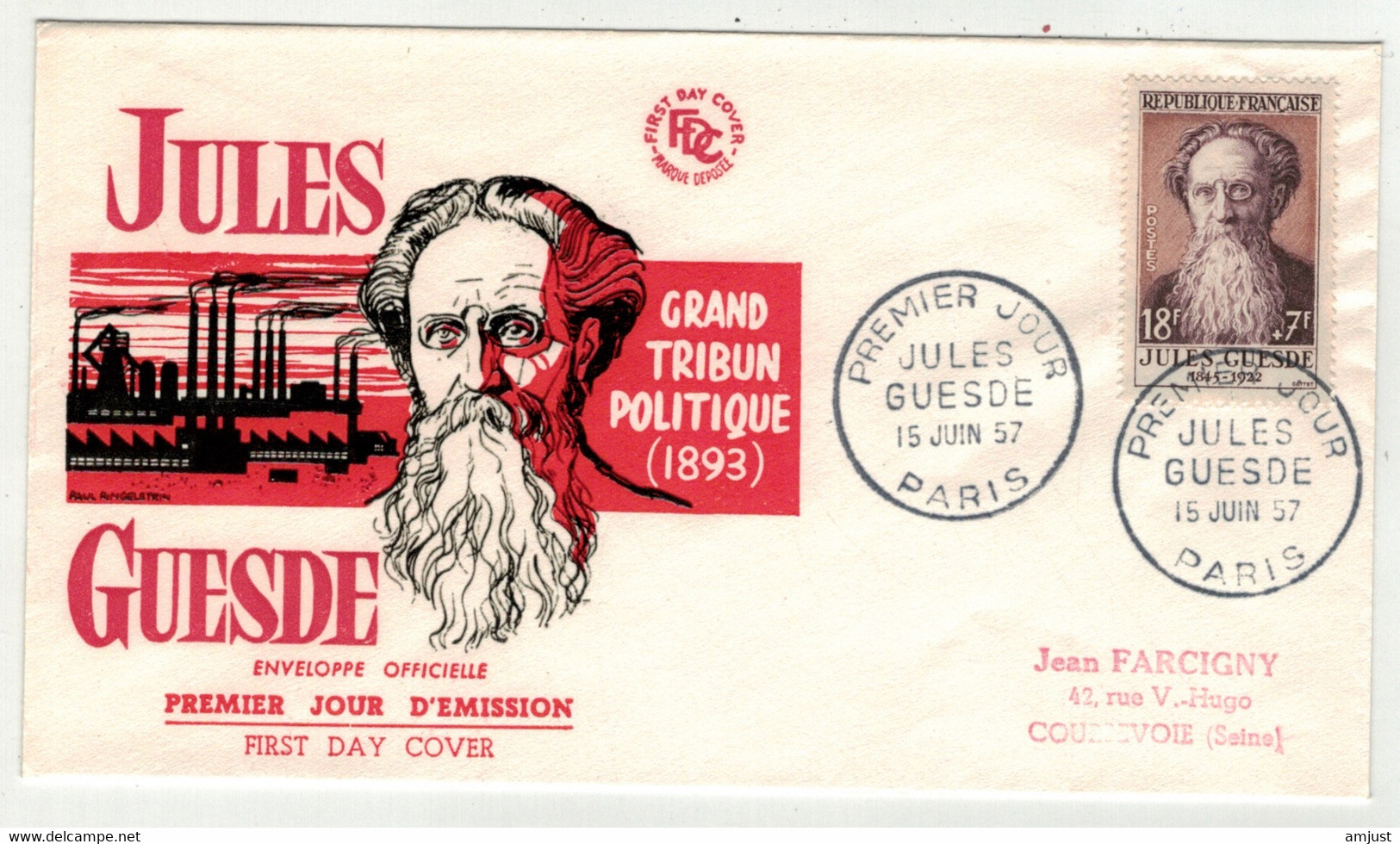 France // FDC // 1950-1959 // Lettre 1er JourJules Guesde 15.06.1957 - 1950-1959