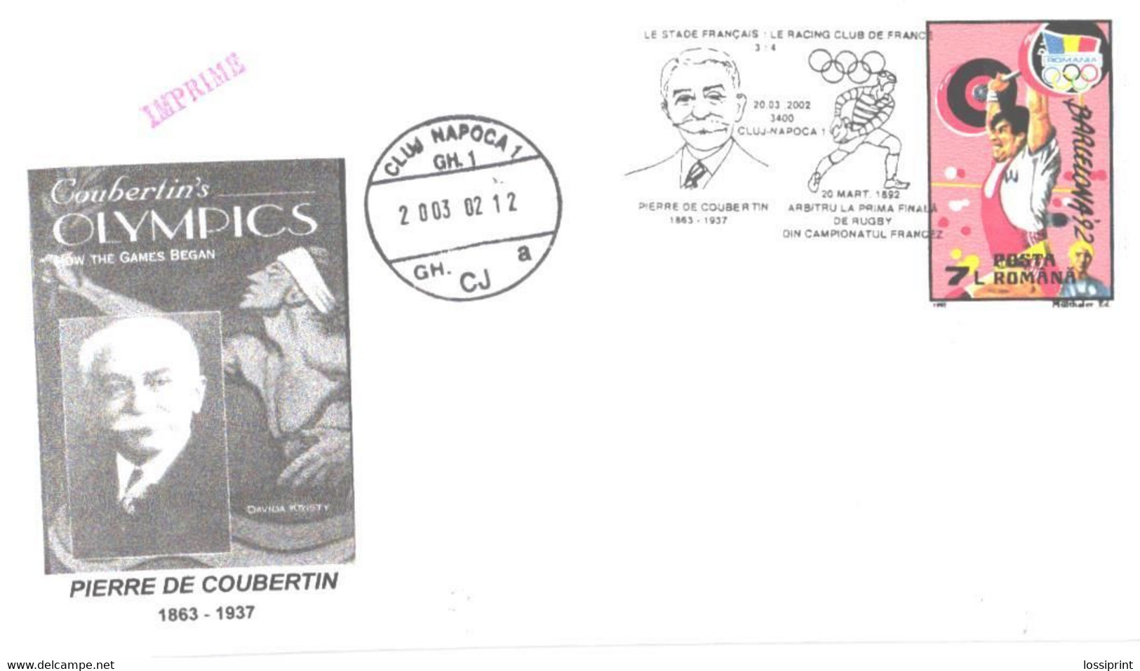 Romania:Pierre De Coubertin Special Cancellation, 2002 - Lettres & Documents