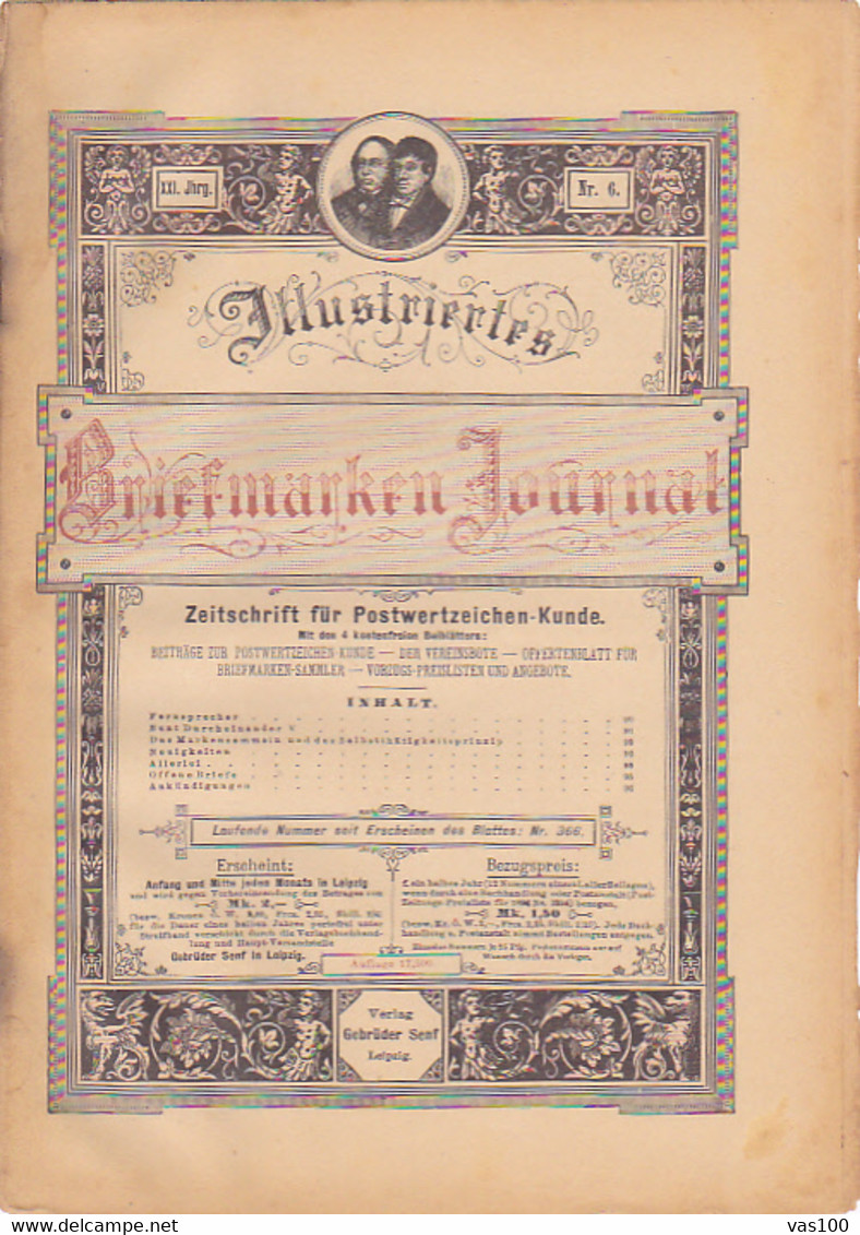 BOOKS, GERMAN, MAGAZINES, HOBBIES, ILLUSTRATED STAMPS JOURNAL, 4 SHEETS, LEIPZIG, XXI YEAR, NR 6, 1894, GERMANY - Hobby & Sammeln