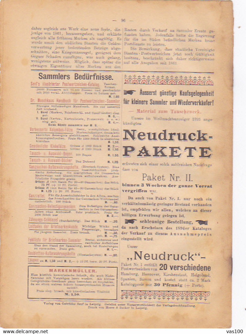 BOOKS, GERMAN, MAGAZINES, HOBBIES, ILLUSTRATED STAMPS JOURNAL, 4 SHEETS, LEIPZIG, XXI YEAR, NR 6, 1894, GERMANY - Tempo Libero & Collezioni