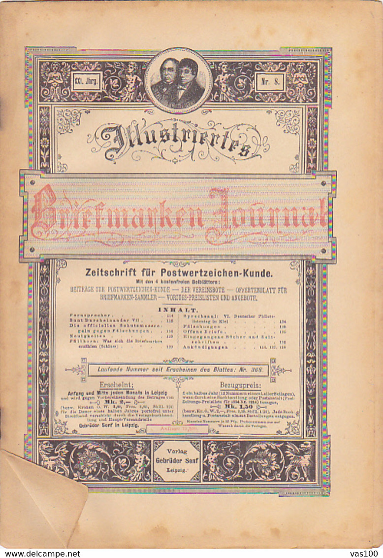 BOOKS, GERMAN, MAGAZINES, HOBBIES, ILLUSTRATED STAMPS JOURNAL, 8 SHEETS, LEIPZIG, XXI YEAR, NR 8, 1894, GERMANY - Hobbies & Collections