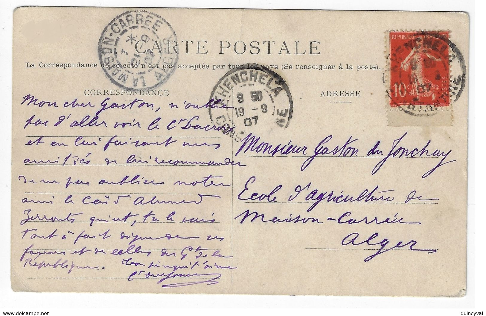 KHENCHELA Constantine Algérie Carte Postale Dest Maison Carrée 10c Semeuse Yv 138 Venant De Carnet Ob 19 9 1907 - Covers & Documents