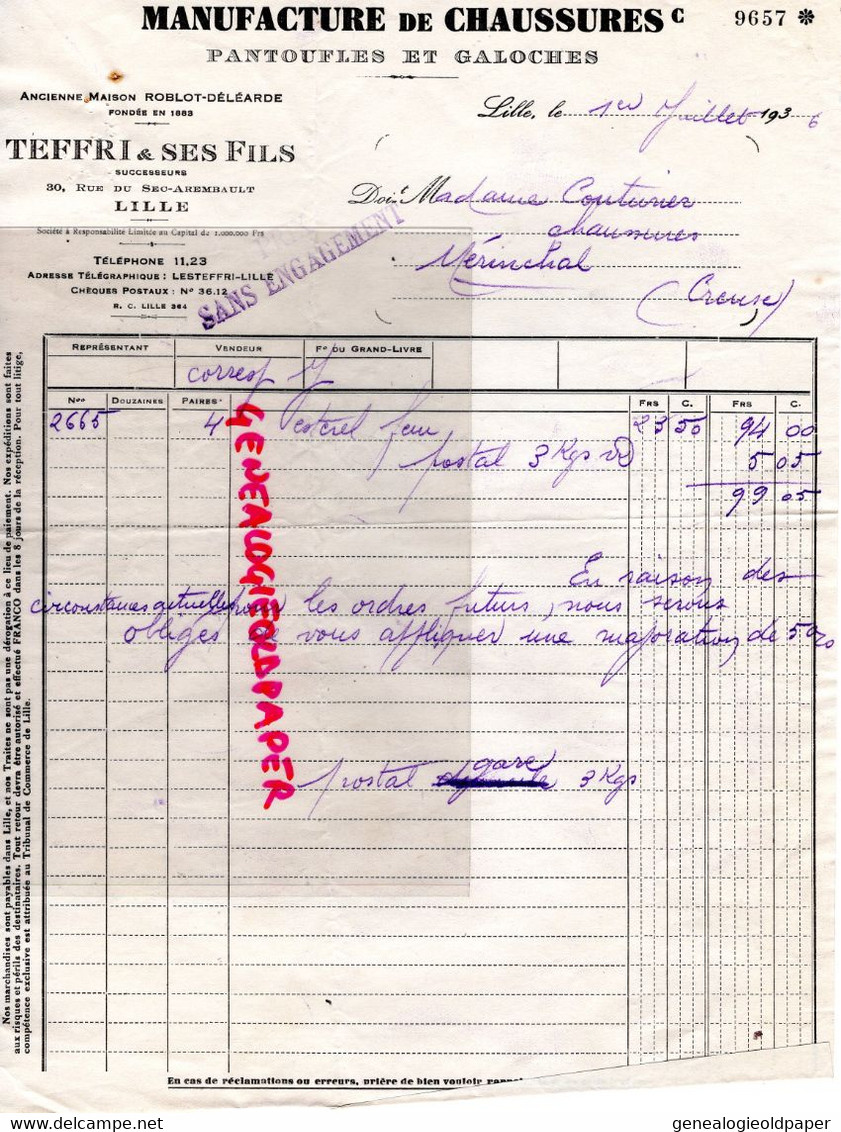 59- LILLE- FACTURE  TEFFRI ET FILS- MANUFACTURE BONNETERIE CHAUSSURES- 1936- A COUTURIER MERINCHAL - Kleidung & Textil