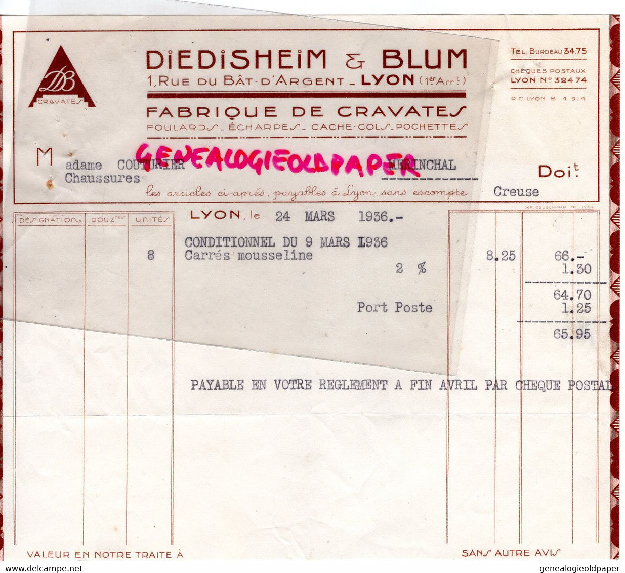 69- LYON- RARE FACTURE DIEDISHEIM & BLUM- FABRIQUE CRAVATES FOULARDS- MME COUTURIER MERINCHAL- 1936 - Kleidung & Textil