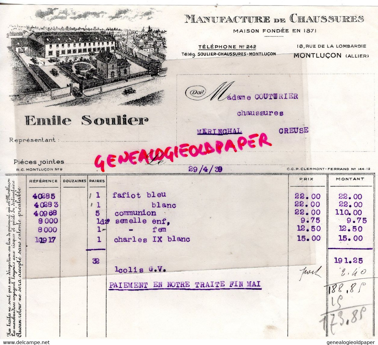 03-MONTLUCON- FACTURE EMILE SOULIER FILS- USINE MANUFACTURE CHAUSSURES-18 RUE LOMBARDIE 1939- A MME COUTURIER MERINCHAL - Kleidung & Textil