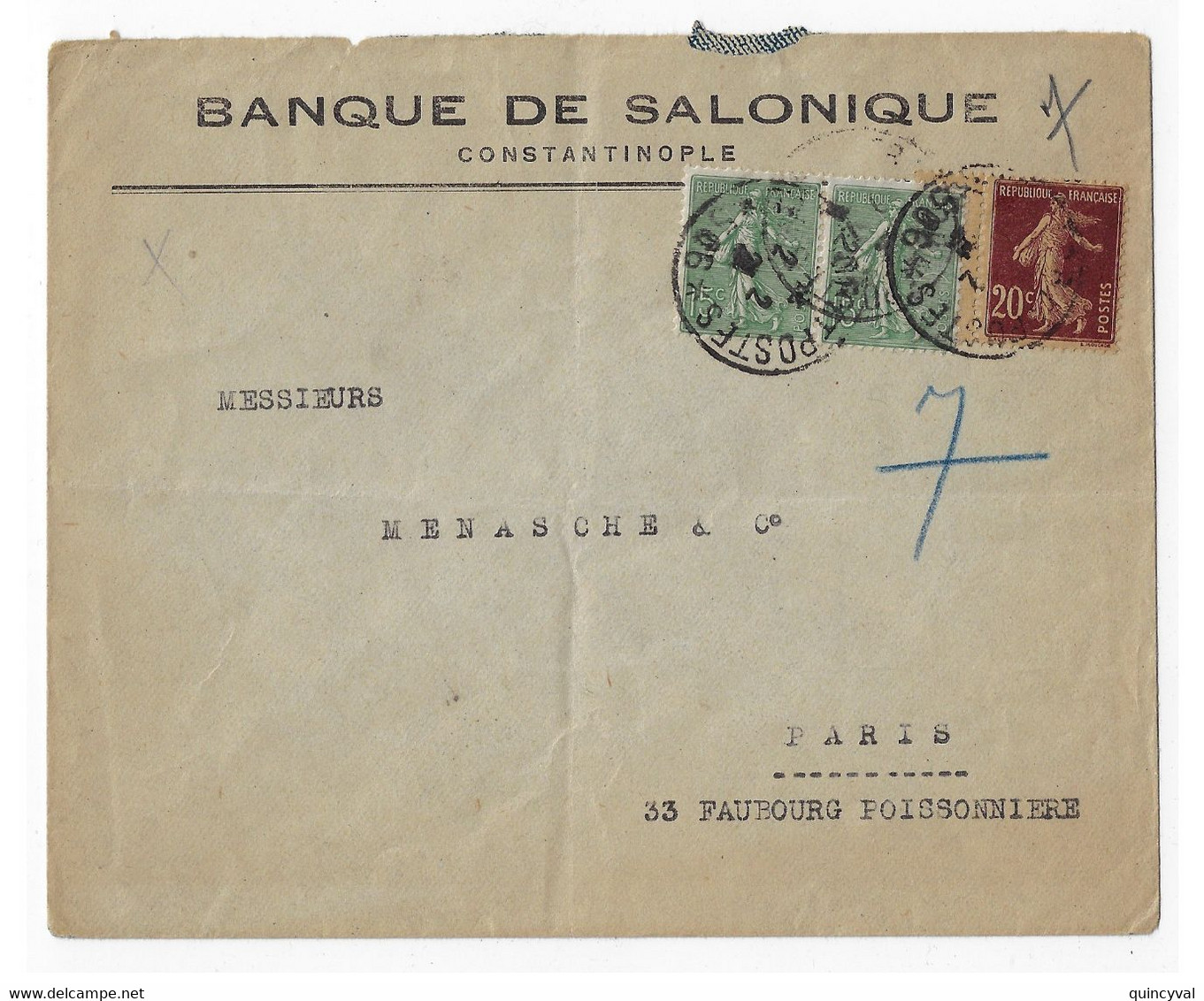 TRESOR Et POSTES 506 Lettre Entête Banque Salonique Constantinople 15c Semeuse 20c Papier GC Yv 139 130 Ob 2 2 1921 - Lettres & Documents