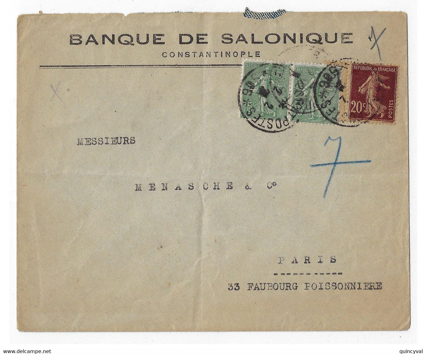 TRESOR Et POSTES 506 Lettre Entête Banque Salonique Constantinople 15c Semeuse 20c Papier GC Yv 139 130 Ob 2 2 1921 - Brieven En Documenten