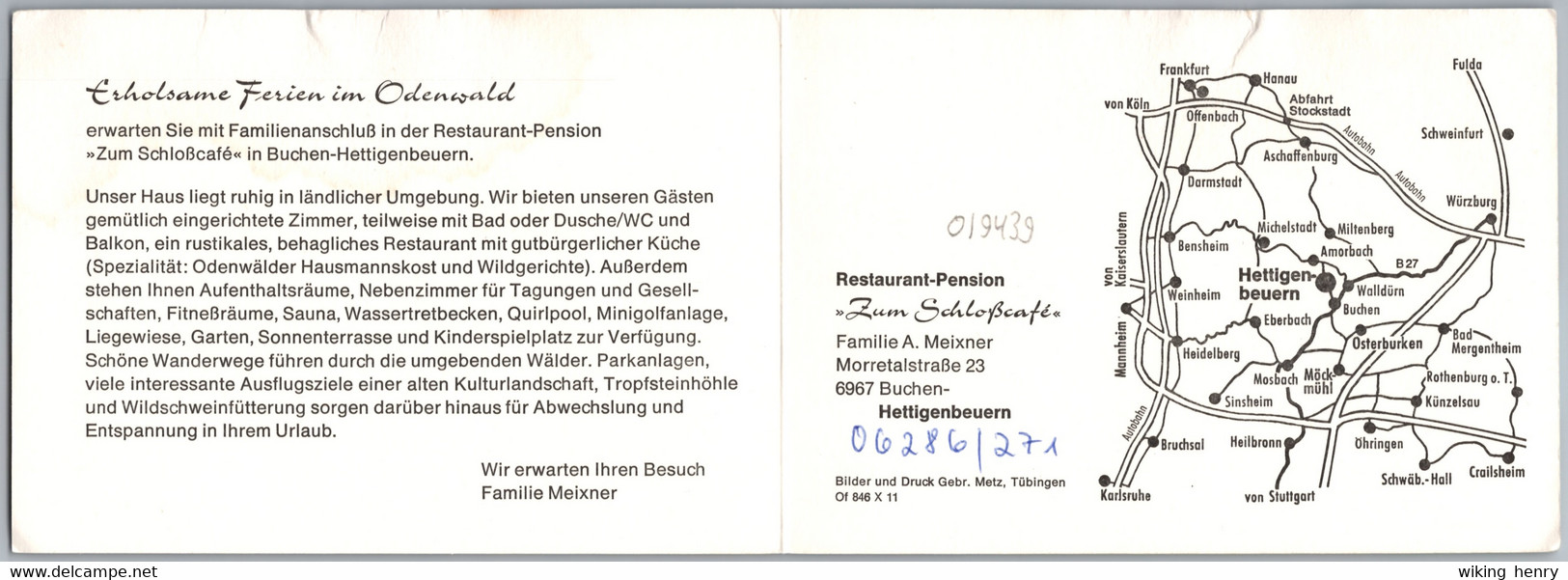 Buchen Hettigenbeuern Im Odenwald - Restaurant Pension Zum Schloßcafé 1   Doppelwerbekarte - Buchen