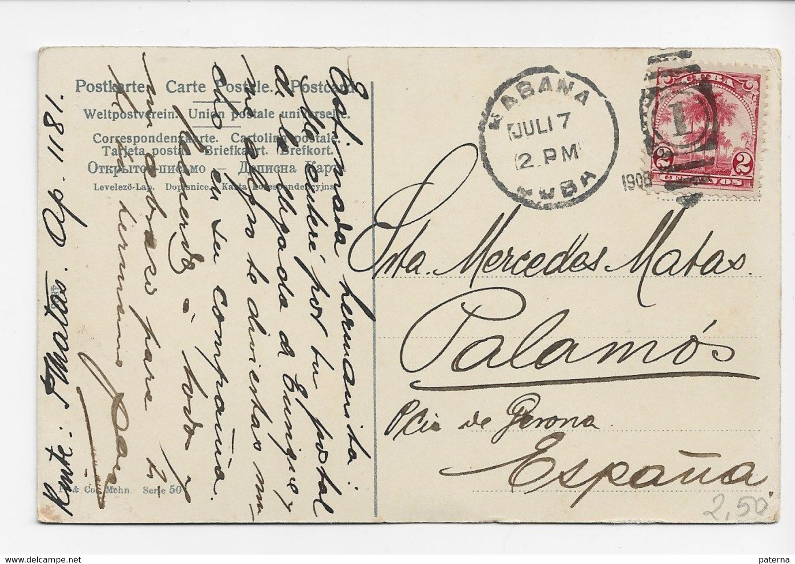 3704   Postal  Habana 1908 Cuba , Parrilla Numeral 1, - Briefe U. Dokumente