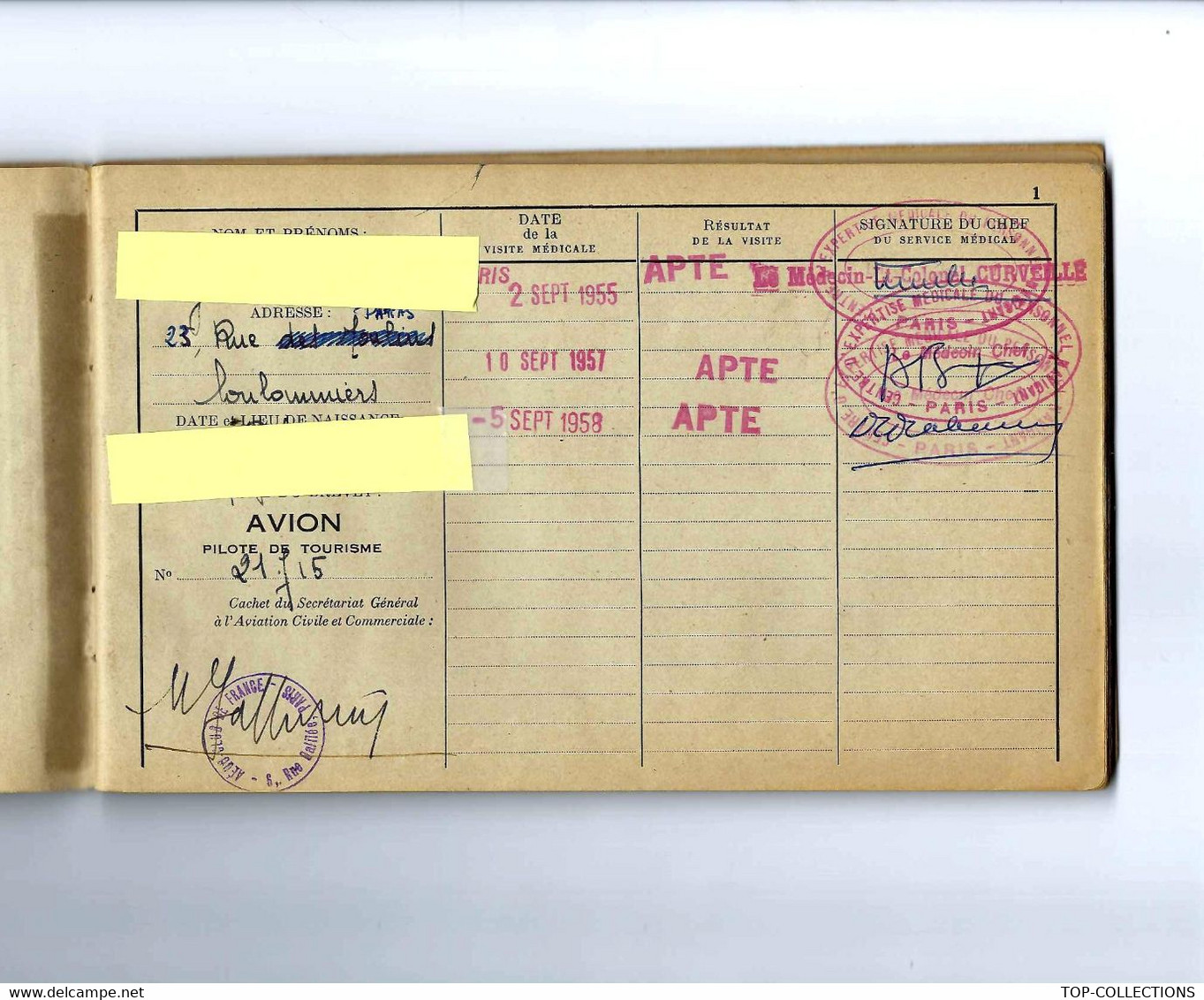 AVIATION CARNET DE VOL PILOTE AVION DE TOURISME  1955 -1960 NOMBREUSES SIGNATURES OFFICIELLES VOIR SCANS - Colecciones