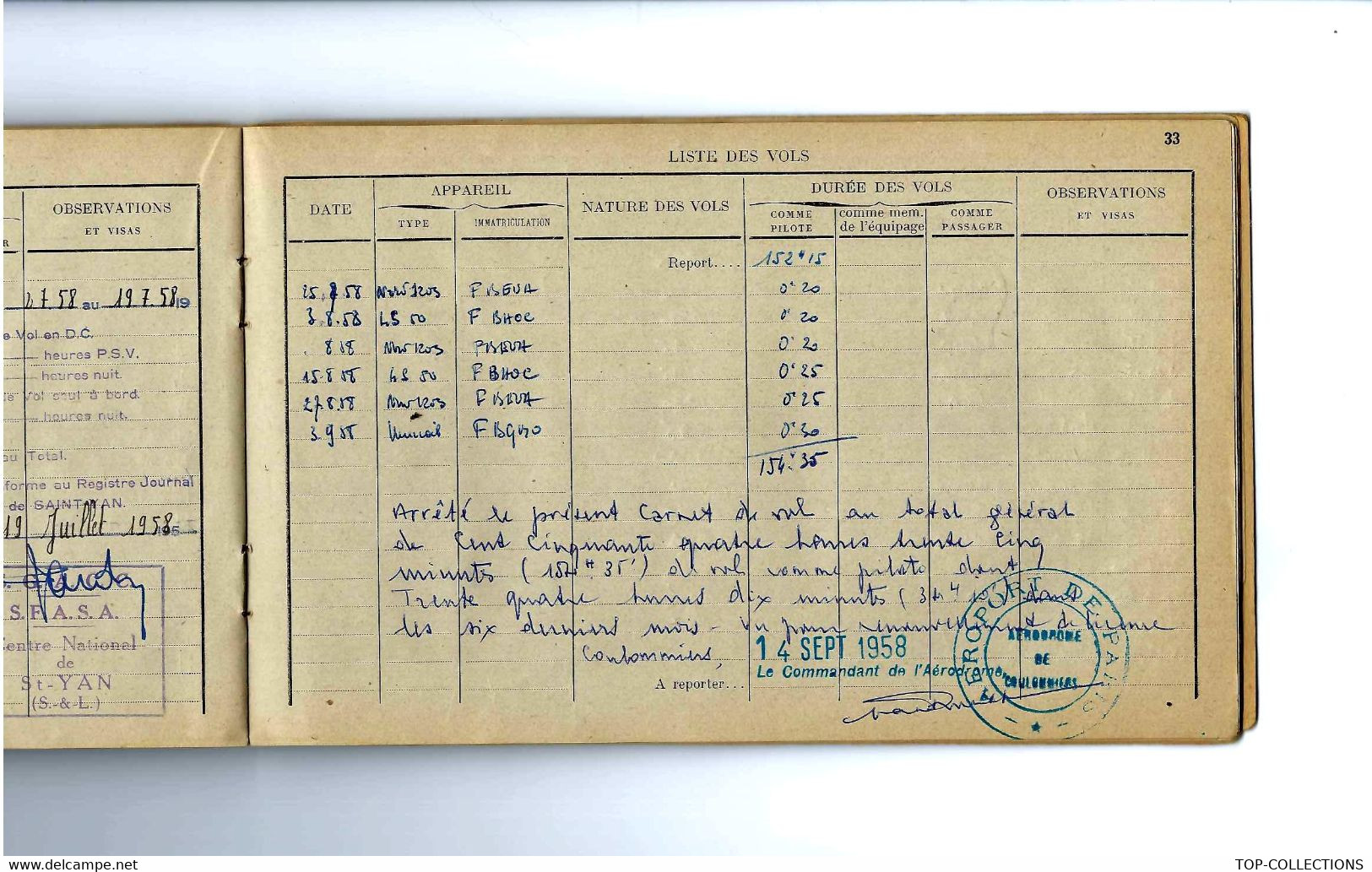 AVIATION CARNET DE VOL PILOTE AVION DE TOURISME  1955 -1960 NOMBREUSES SIGNATURES OFFICIELLES VOIR SCANS