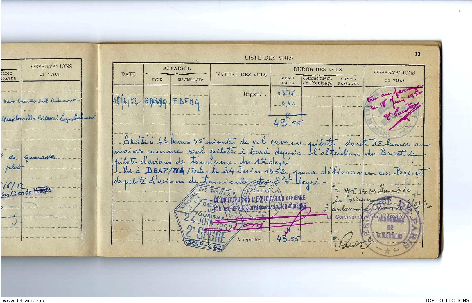 AVIATION CARNET DE VOL PILOTE AVION DE TOURISME  1955 -1960 NOMBREUSES SIGNATURES OFFICIELLES VOIR SCANS