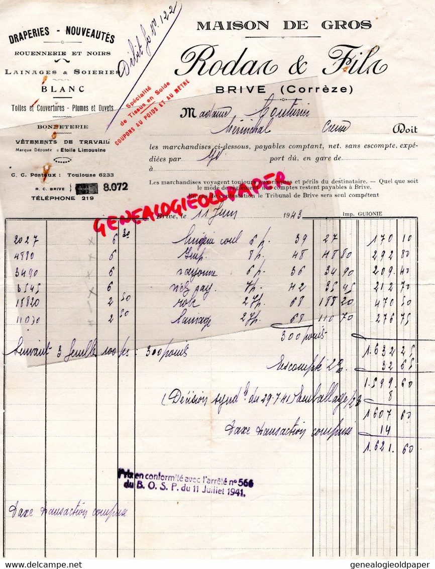 19 - BRIVE - RODAS & FILS - TISSUS EN GROS MANUFACTURE CONFECTIONS- 1943- ROUENNERIE SOIERIES- DRAPERIES-GUERRE 1941 - Kleidung & Textil