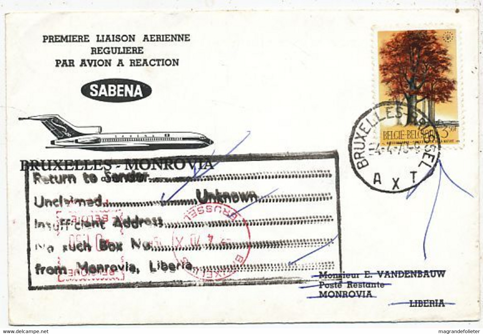 AVION AVIATION AIRWAYS SABENA FDC  1ere LIAISON AERIENNE A REACTION  BRUXELLES-MONROVIA 1970 - Flight Certificates