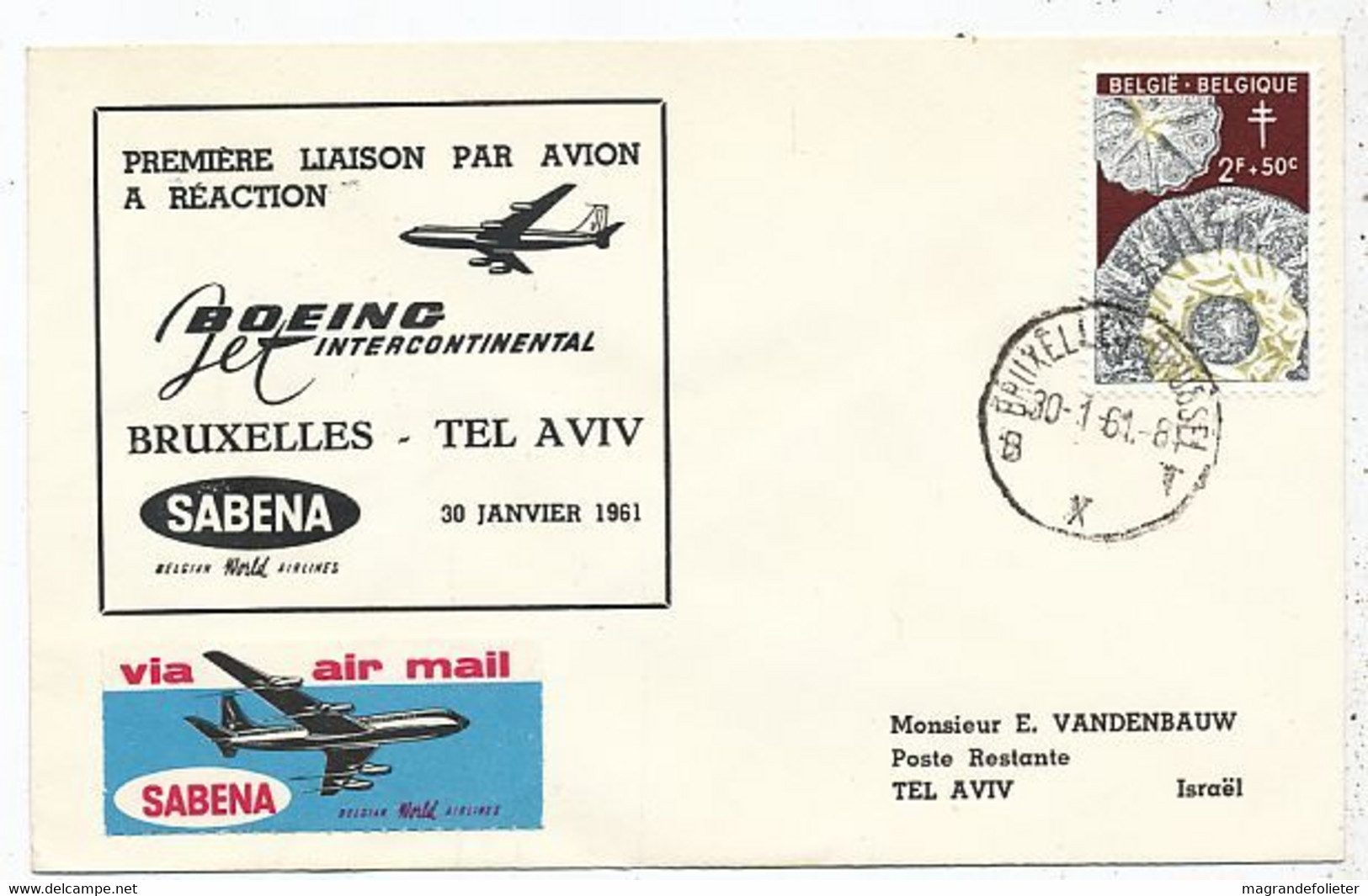 AVION AVIATION AIRWAYS SABENA FDC  1ere LIAISON AERIENNE BOEING BRUXELLES-TEL AVIV 1961 - Zertifikate