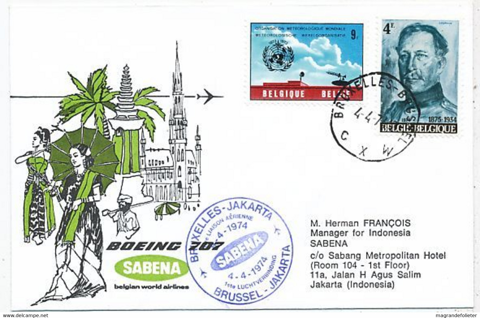 AVION AVIATION AIRWAYS SABENA FDC  1ere LIAISON AERIENNE BOEING JAKARTA-BRUXELLES 1974 - Flight Certificates