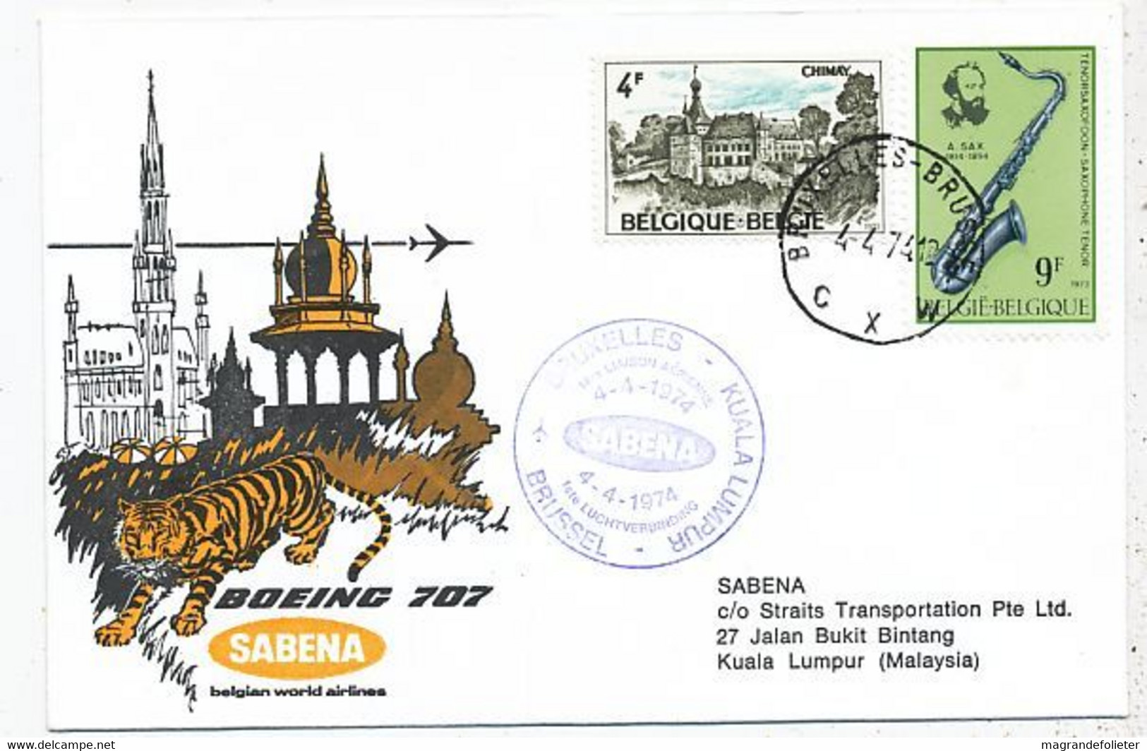 AVION AVIATION AIRWAYS SABENA FDC  1ere LIAISON AERIENNE BOEING BRUXELLES-KUALA LUMPUR 1974 - Zertifikate