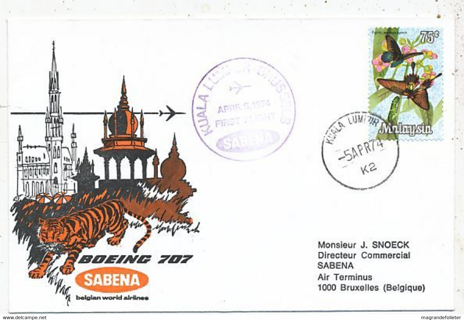 AVION AVIATION AIRWAYS SABENA FDC  1ere LIAISON AERIENNE BOEING KUALA LUMPUR-BRUXELLES 1974 - Zertifikate